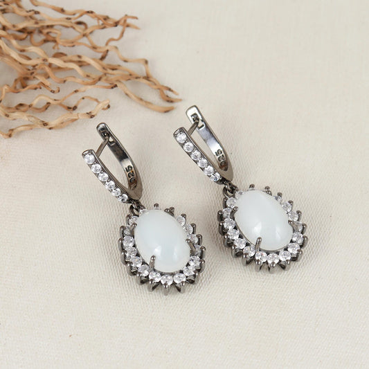 Natural Moonstone Gemstone Sterling Silver Handmade Heggie Dangle Earrings - June Birthstone