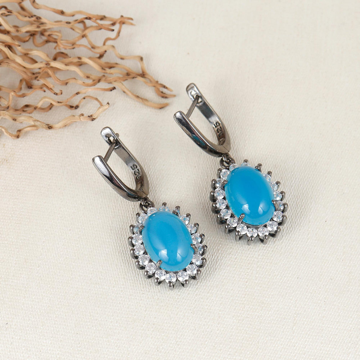 Blue Chalcedony Cluster Earrings: Sterling Silver Huggies,