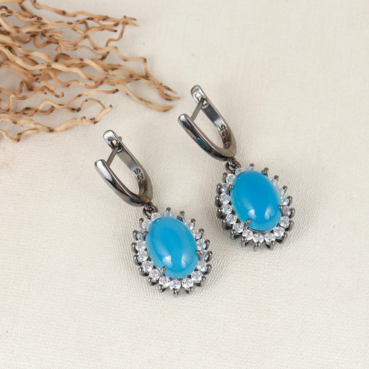 Blue Chalcedony Cluster Earrings: Sterling Silver Huggies,