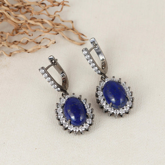 Lapis Lazuli Gemstone Dangle Earrings: 925 Sterling Silver Cluster Handmade Jewelry