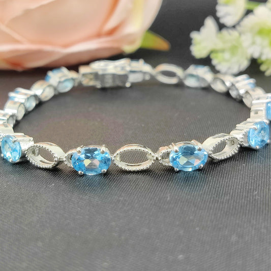 Natural Swiss Blue Topaz Tennis Bracelet, Sterling Silver, December Birthstone, Wedding Jewelry