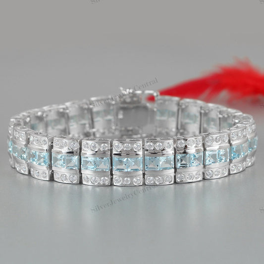 Sterling Silver Blue Topaz Tennis Bracelet, Square Cut Gemstone, December Birthstone