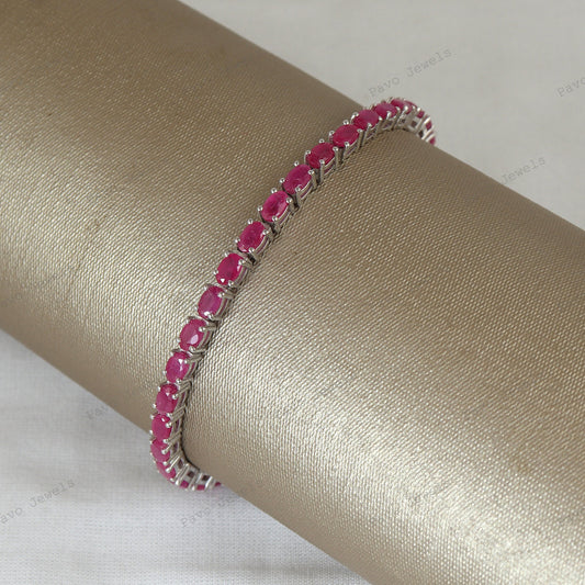 Sterling Silver Oval Ruby Tennis Bracelet, Dainty July Birthstone Jewelry