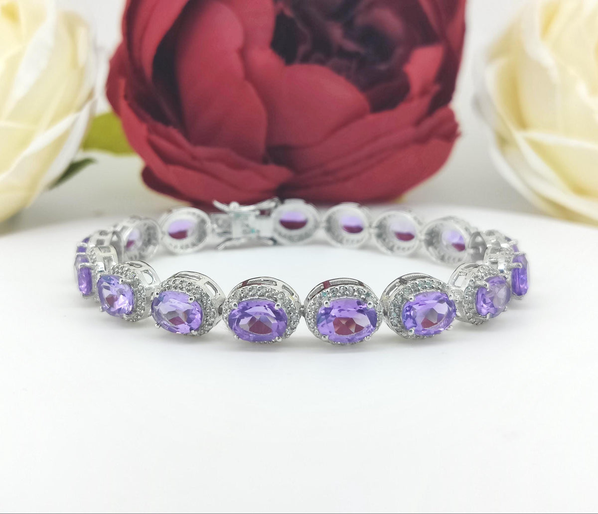 Amethyst Oval Gemstone Tennis Bracelet, 925 Sterling Silver, February Birthstone Jewelry