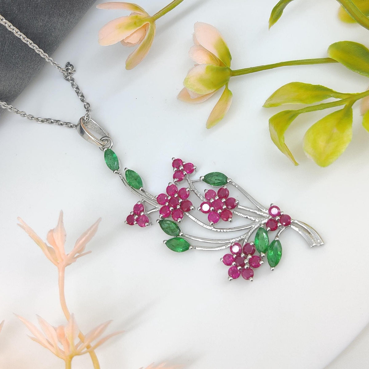 Ruby Flower Pendant: Sterling Silver, Emerald Accent, July Birthstone