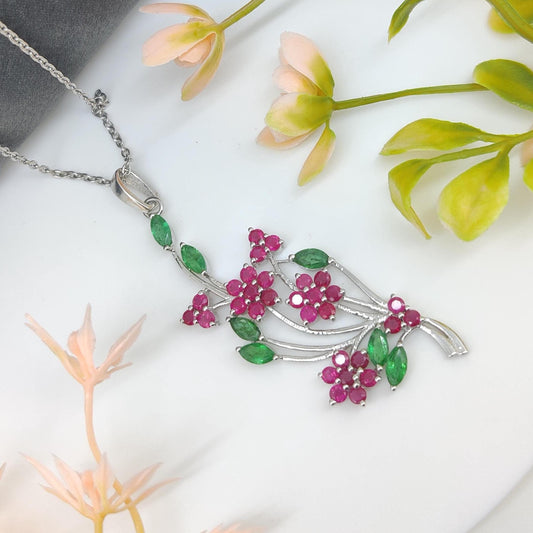 Ruby Flower Pendant: Sterling Silver, Emerald Accent, July Birthstone