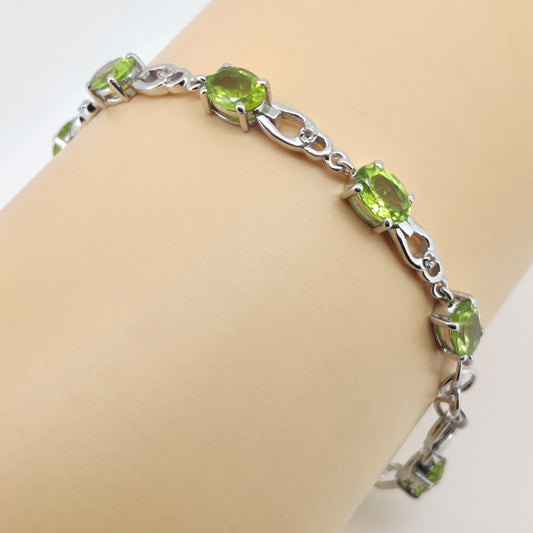 Natural Peridot Tennis Bracelet, August Birthstone, Sterling Silver, Oval Gemstone, Women's Jewelry