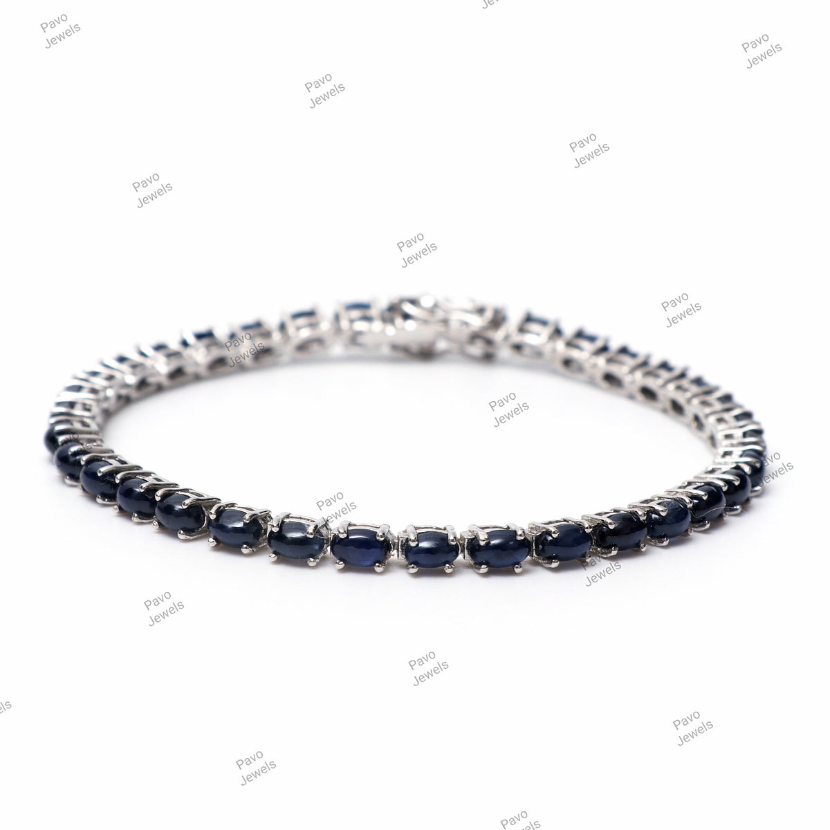 Blue Sapphire Oval Cabochon Tennis Bracelet, 925 Sterling Silver