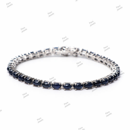 Blue Sapphire Oval Cabochon Tennis Bracelet, 925 Sterling Silver