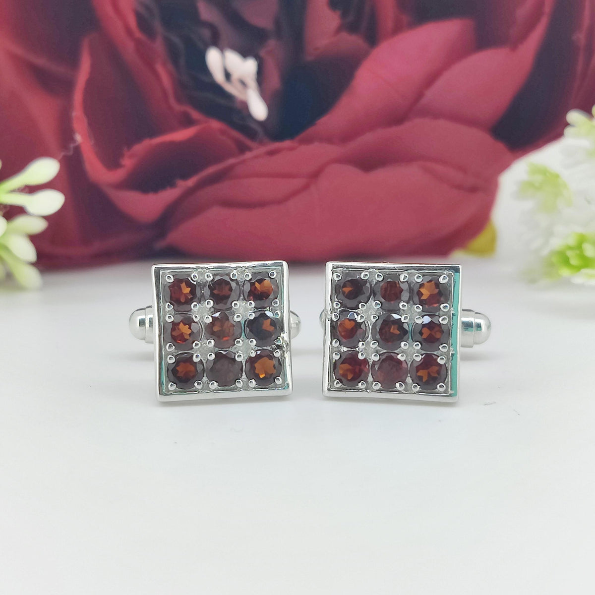 Garnet Cufflinks: 925 Sterling Silver, Square Red Gemstone