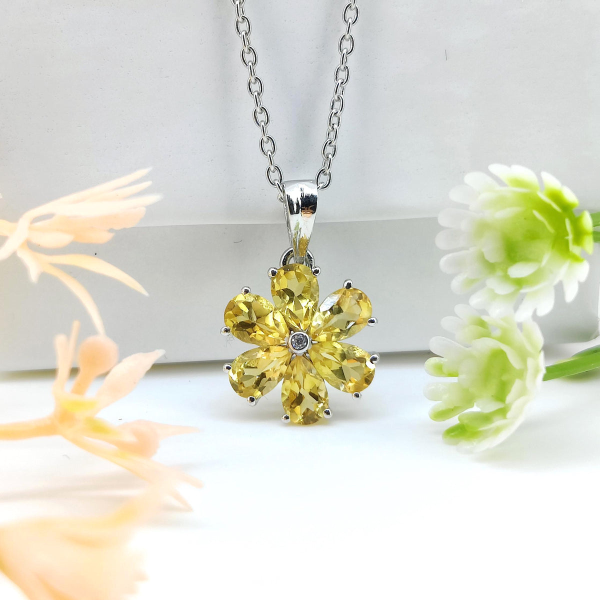 Natural Citrine Pendant-925 Sterling Silver Jewelry-November Birthstone-Pear Gemstone Flower Pendant-Handmade Jewelry-Gift for Anniversary