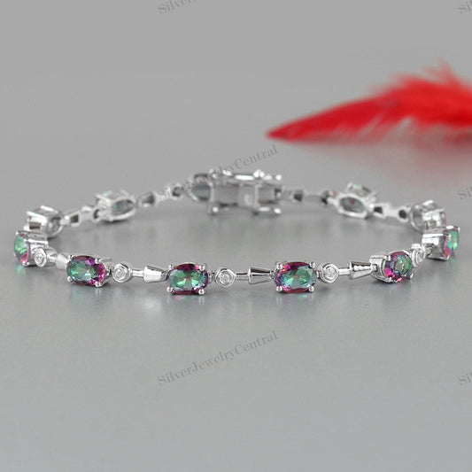 Mystic Topaz, Smokey Quartz, Green Amethyst Gemstone 925 Sterling Silver Tennis Bracelet Handmade Jewelry