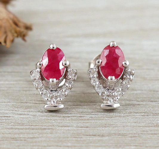 Ruby Stud Earrings: Oval July Birthstone, 925 Sterling Silver