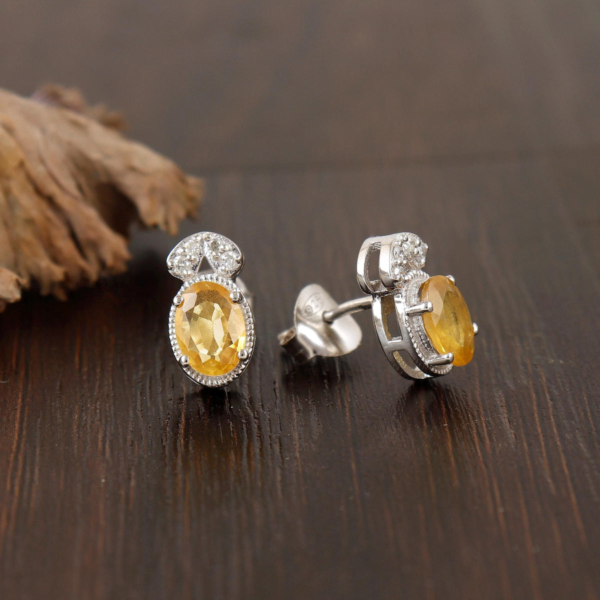 Yellow Sapphire Stud Earrings: Sterling Silver, CZ Accents, Handmade