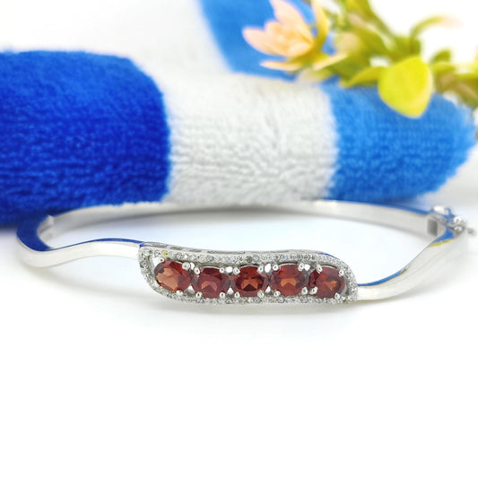 Natural Garnet Bangle-925 Sterling Silver Jewelry-Cubic Zircon-Oval Cut Gemstone Cluster Bangle-January Birthstone Jewelry-Anniversary Gift