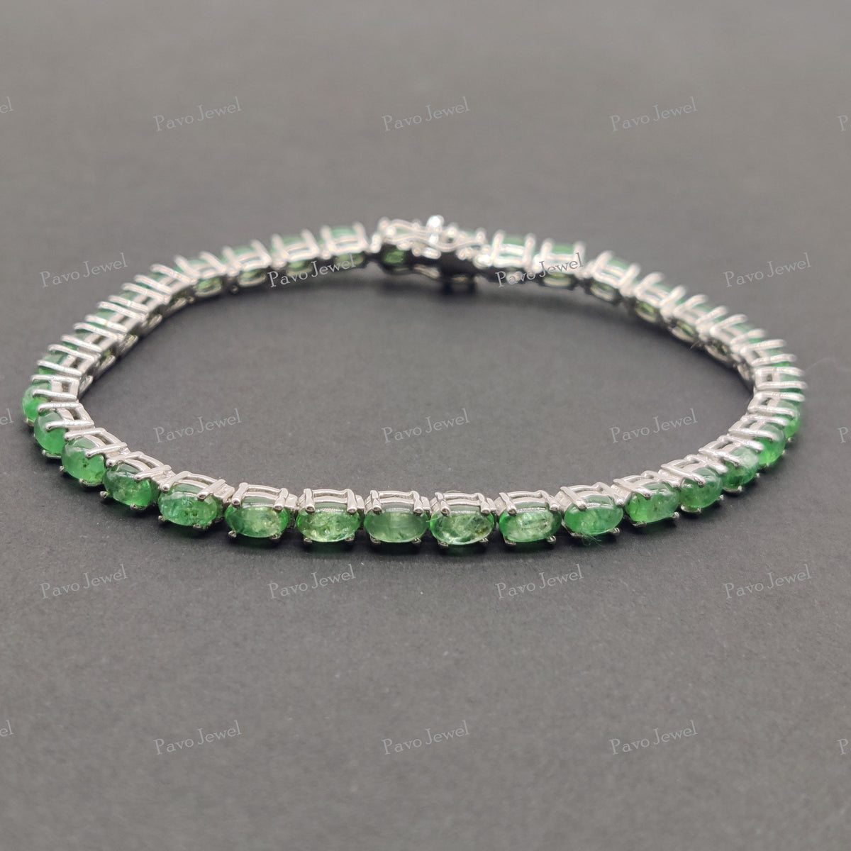 Handmade Sterling Silver Emerald Bracelet, Smooth Gemstone Tennis Bangle Jewelry