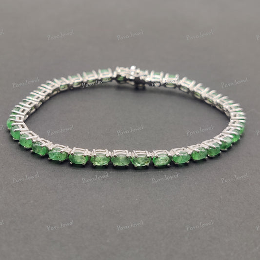Handmade Sterling Silver Emerald Bracelet, Smooth Gemstone Tennis Bangle Jewelry
