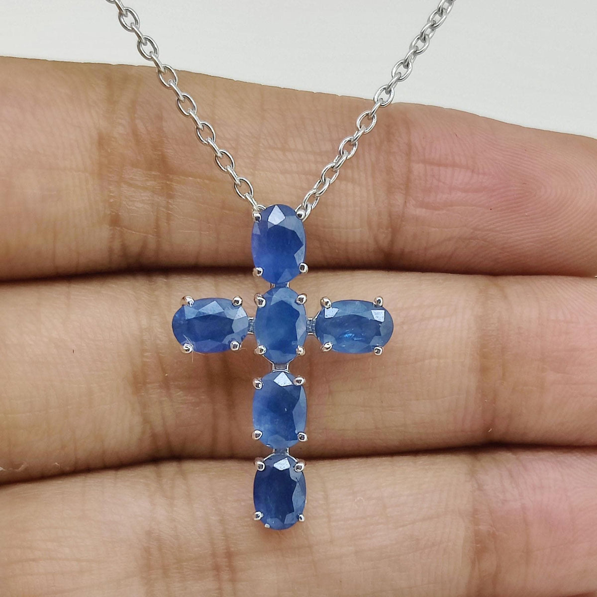 Sapphire Cross Necklace, Sterling Silver Gemstone Pendant