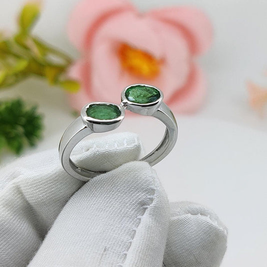 Artisan Silver Emerald Ring, Two Oval Natural Handmade Ring, Anniversary Gifts Jewelry