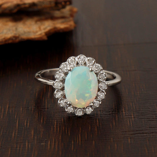 Ethiopian Opal & Diamond Engagement Ring, Handmade Wedding Silver Band Jewelry