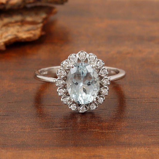 Aquamarine & Diamond Silver Ring, Ethical Gemstone March Birthstone Jewelry