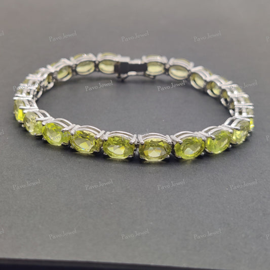 Natural Green Gold Gemstone Bracelet, Sterling Silver, Handmade Oval Cut 6x8 mm Jewelry