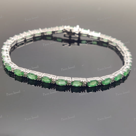 Natural Emerald Gemstone Bracelet for Women, Minimalist Fine Silver Handmade Jewelry