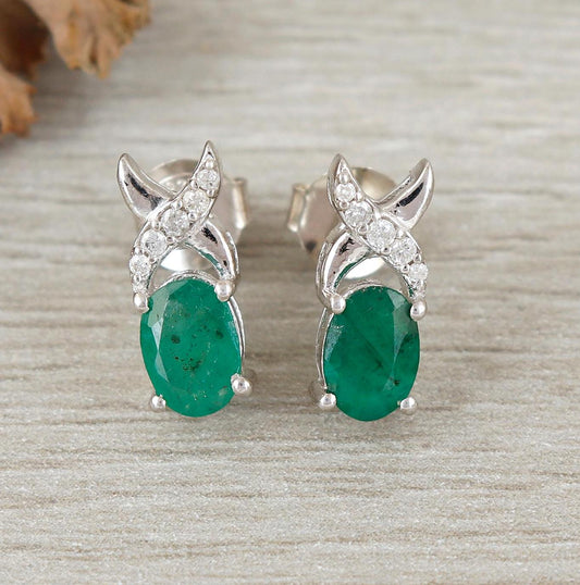 Emerald Stud Earrings: 925 Sterling Silver, CZ Minimalist Dainty Earrings