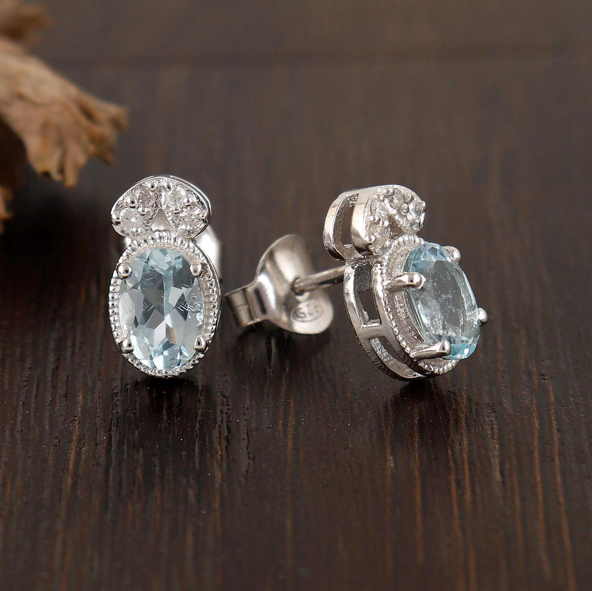 Aquamarine CZ Sterling Silver Earrings: Oval Designer Jewelry