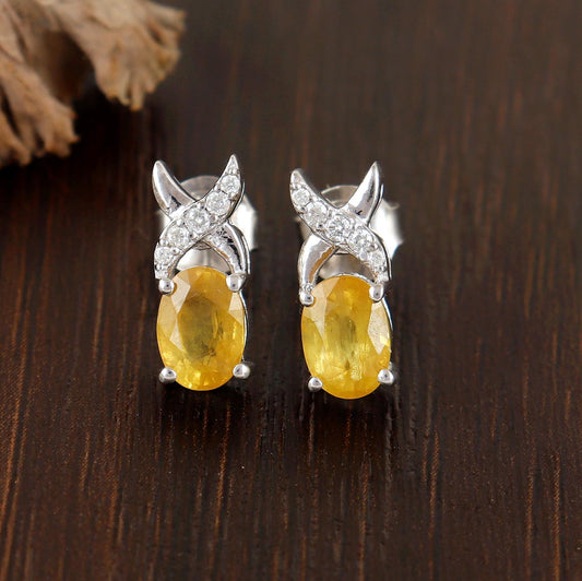 Yellow Sapphire Sterling Silver Hoop Earrings: 925 Silver, September Birthstone