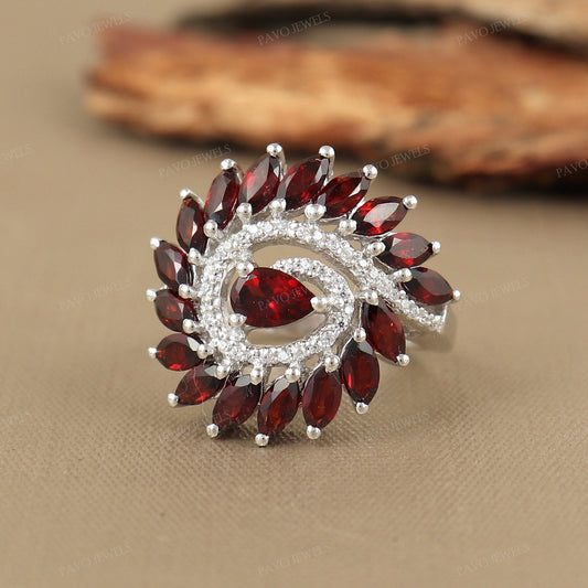 Marquise Red Garnet Ring: 925 Sterling Silver, Cubic Zircon Statement