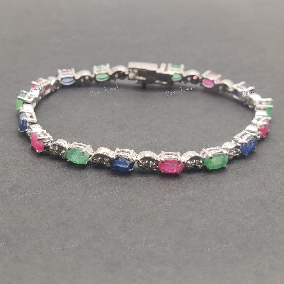 Natural Emerald Ruby Sapphire Bracelet Sterling Silver, Precious Tennis Bracelet