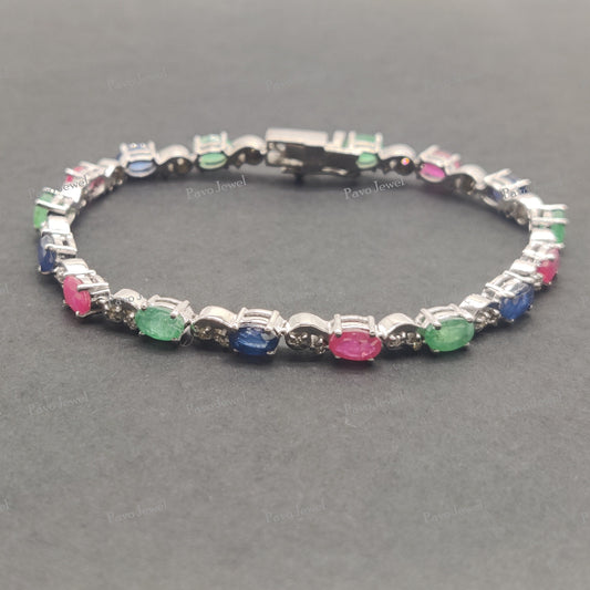 Natural Emerald Ruby Sapphire Bracelet Sterling Silver, Precious Tennis Bracelet