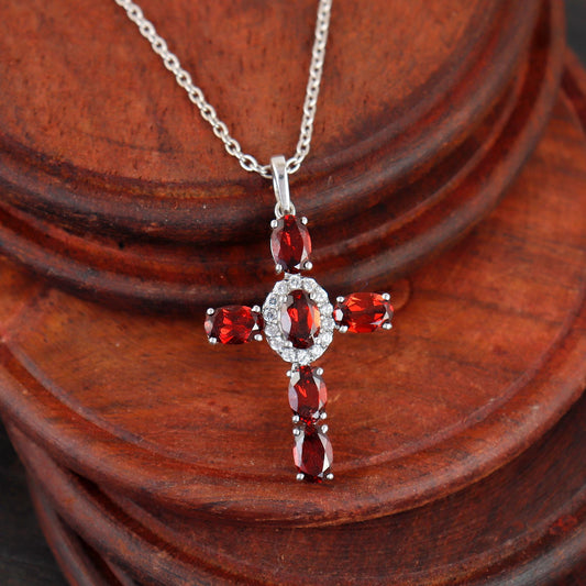 Garnet Cross Pendant: Oval Cut Sterling Silver, Holy Cross Christmas Gifts