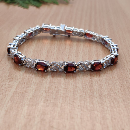 Red Garnet 925 Sterling Silver Tennis Bracelet, Oval Gemstone