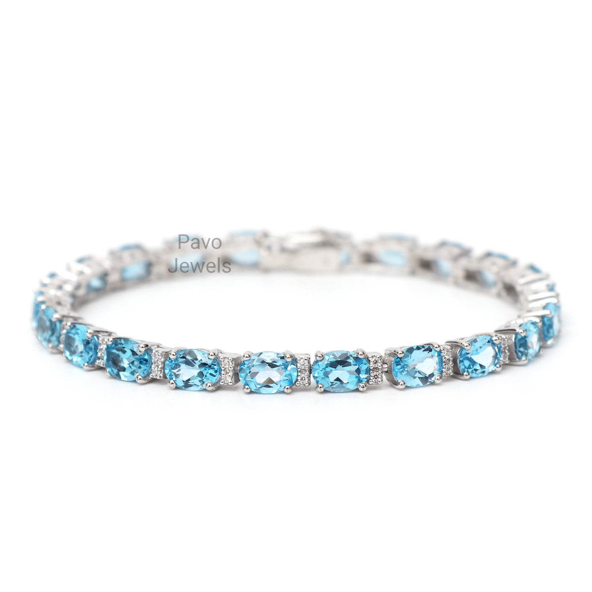 Handmade Swiss Blue Topaz Tennis Bracelet - Sterling Silver November Birthstone