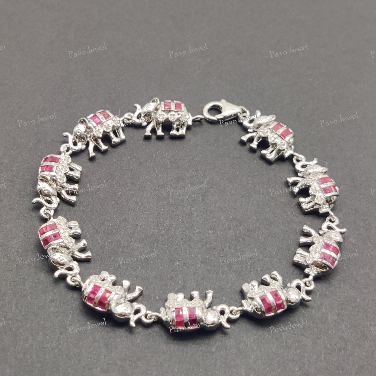 Ruby Elephant 925 Sterling Silver Bracelet, Red Gemstone