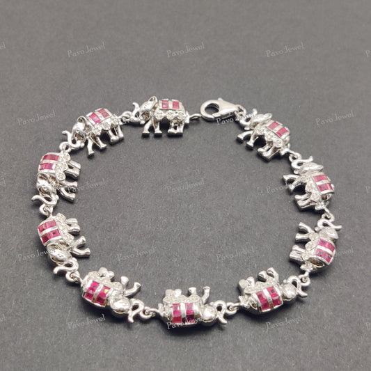 Ruby Elephant 925 Sterling Silver Bracelet, Red Gemstone