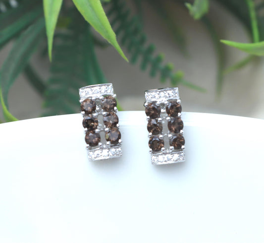 Smoky Quartz Sterling Silver Stud Earrings: Round Faceted Gemstone