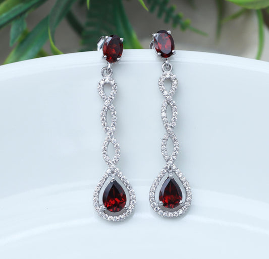 Garnet Cluster Earrings: Sterling Silver Dangle, January Birthstone