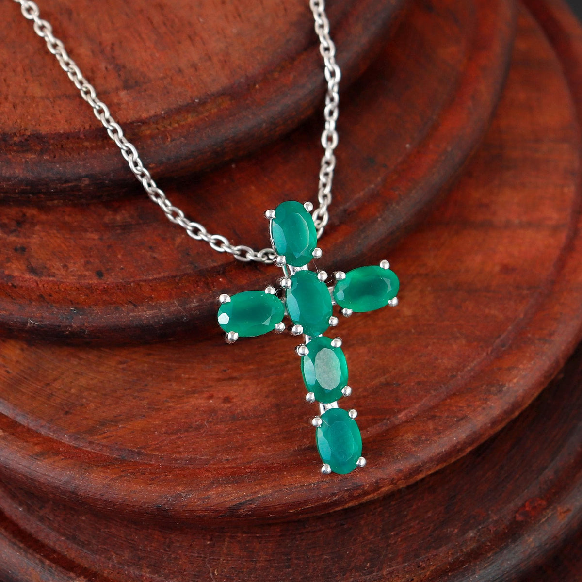 Green Onyx Sterling Silver Cross Pendant, Gothic Holy Cross Necklace
