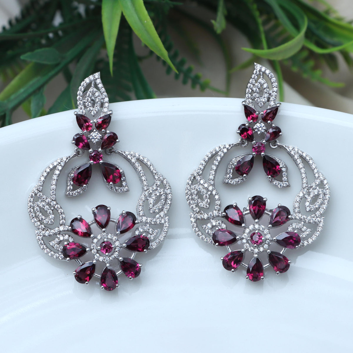 Sterling Silver Rhodolite Garnet Earrings: Pear Cut Floral Bridesmaid Jewelry