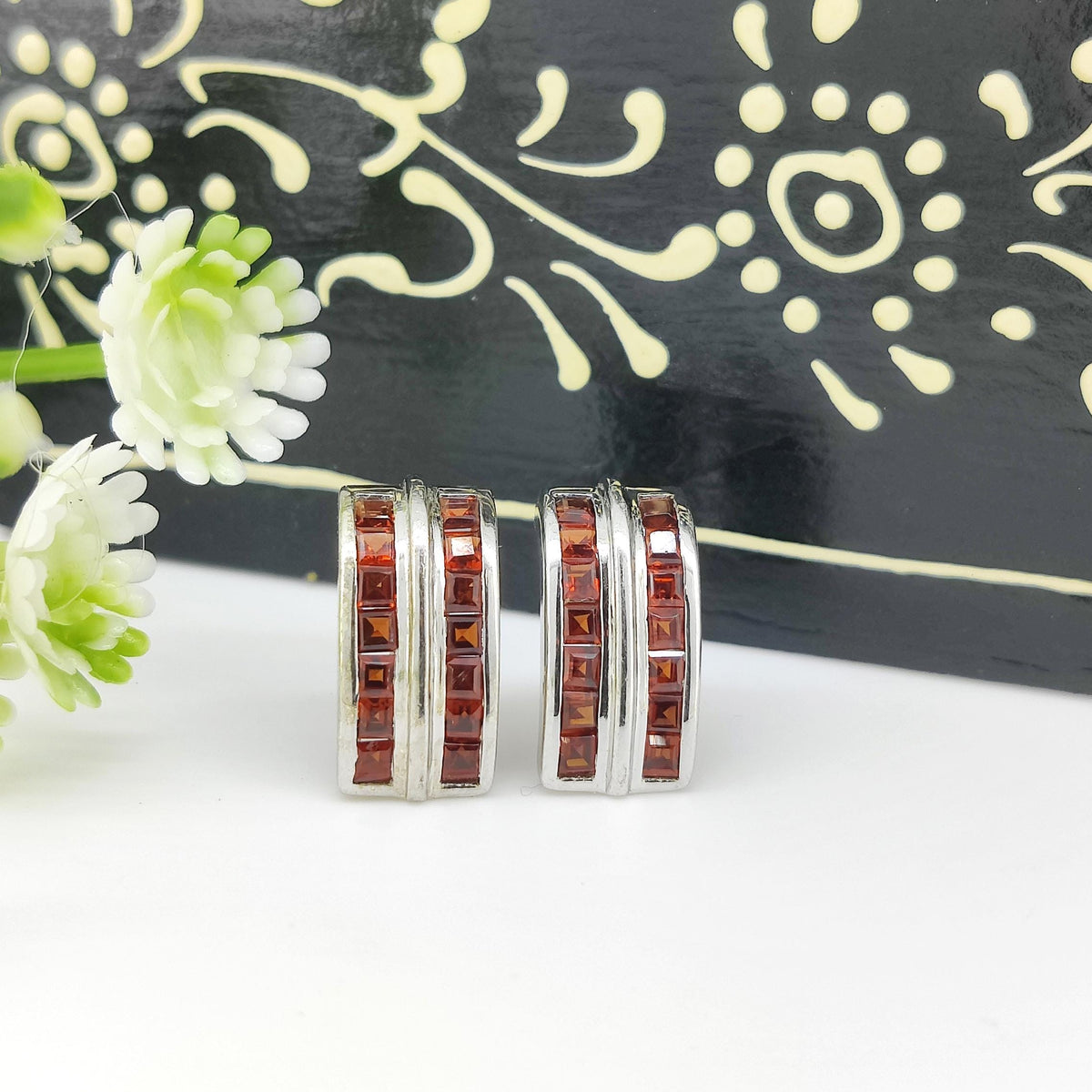 Square Garnet Stud Earrings: Sterling Silver January Birthstone