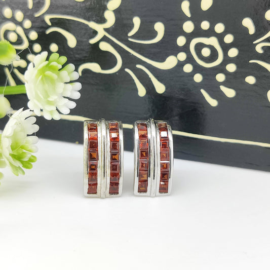 Square Garnet Stud Earrings: Sterling Silver January Birthstone
