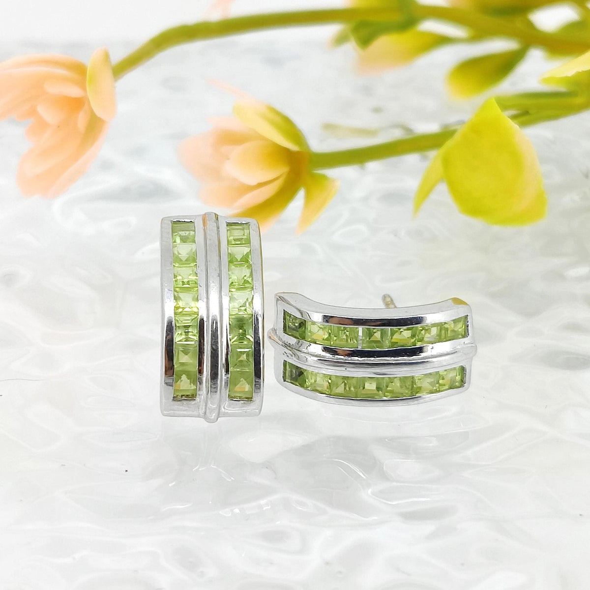 Square Peridot Stud Earrings: August Birthstone, Sterling Silver