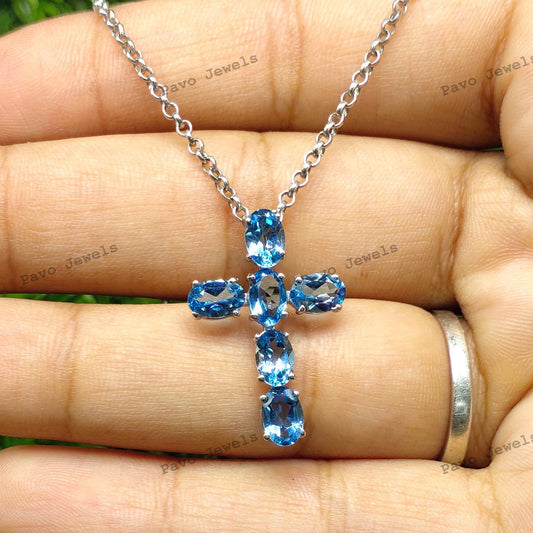 Swiss Blue Topaz Cross Pendant Dainty Sterling Silver Unique Handmade Gemstone Artisan Jewelry Necklace