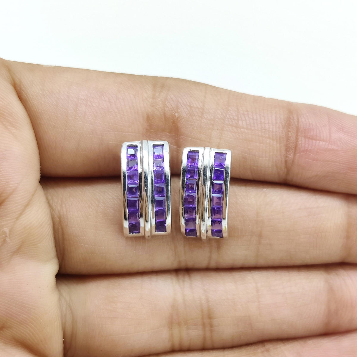 Natural African Amethyst Stud Earring-925 Sterling Silver-Square Gemstone-February Birthstone Earrings-Purple Amethyst Jewelry-Gift for her