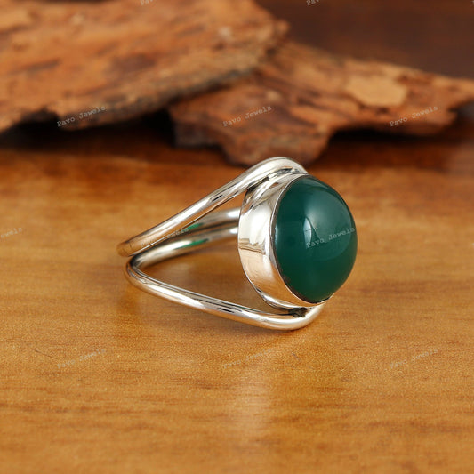Handmade Green Onyx Cabochon Ring 925 Sterling Silver Statement Ring