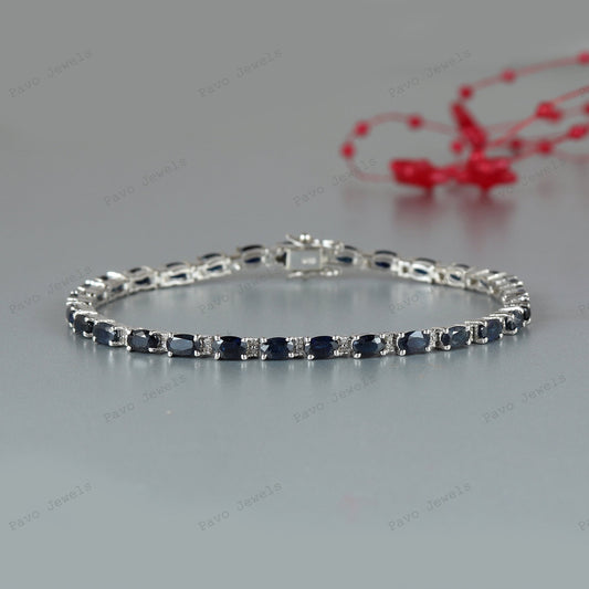 Blue Sapphire Diamond Bracelet: 925 Sterling Silver Tennis Bracelet