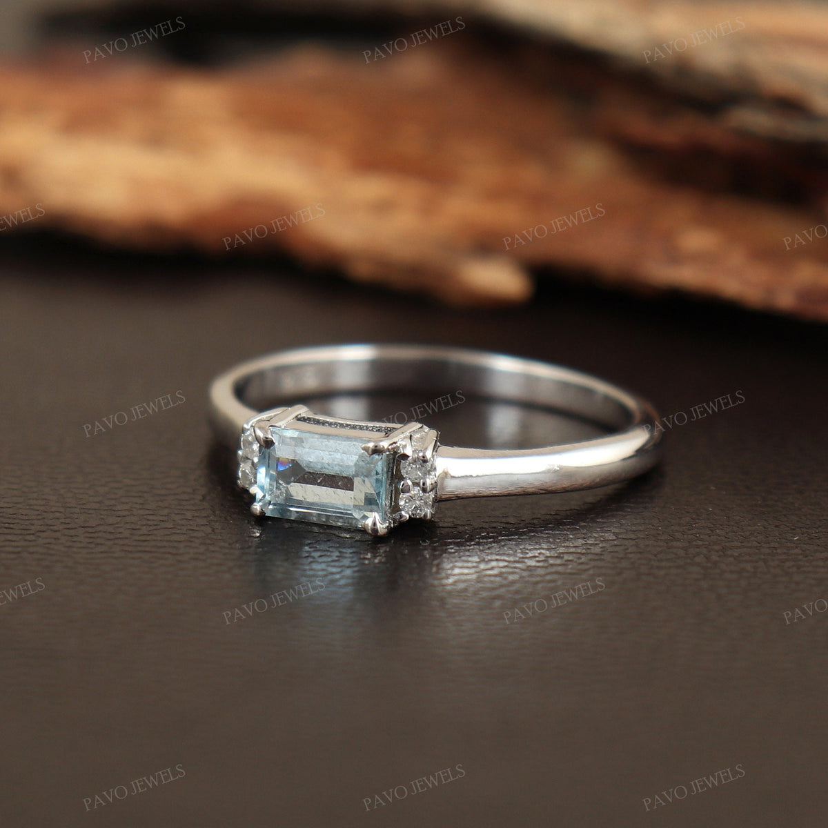 Aquamarine - Diamond Ring Sterling Silver March Birthstone Gift For Her